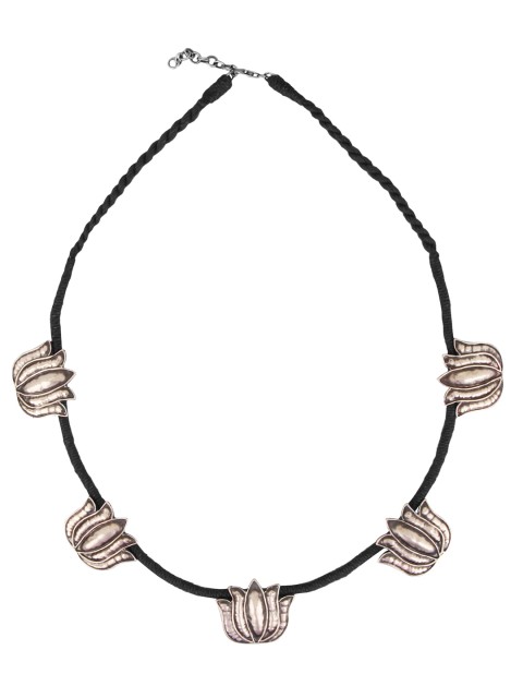 

ahilya Black Lotus-Shaped Sterling Silver Chord Necklace