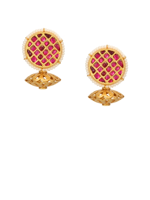 

ahilya Gold-Toned & Pink Circular Drop Earrings