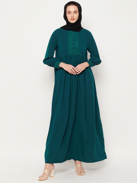 

NABIA Women Bottle Green Solid Lace Work Abaya Burqa With Georgette Scarf