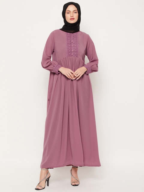 

Nabia Women Puce Pink Solid Lace Work Abaya Burqa with Georgette Scarf