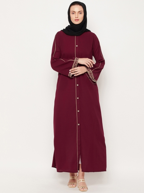 

NABIA Women Maroon & Black Solid Abaya Burqa With Scarf