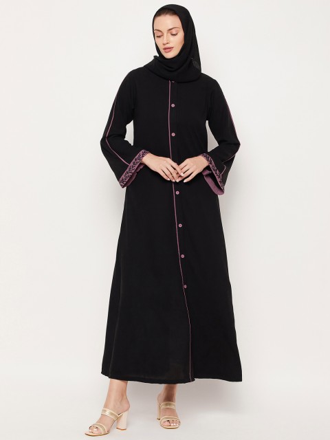 

NABIA Women Black Solid Embroidered Abaya Burqa With Georgette Scarf