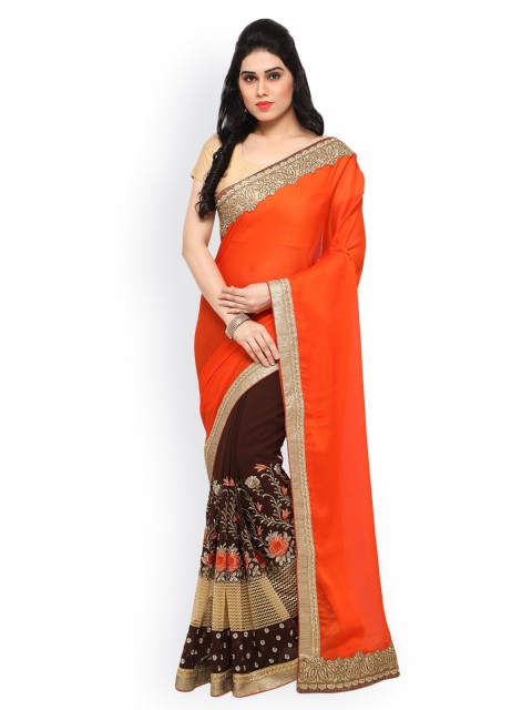 

Sareegama Orange & Brown Poly Georgette Embroidered Saree