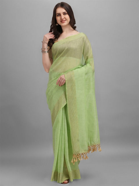 

TEREZA Olive Green & Gold-Toned Striped Khadi Saree