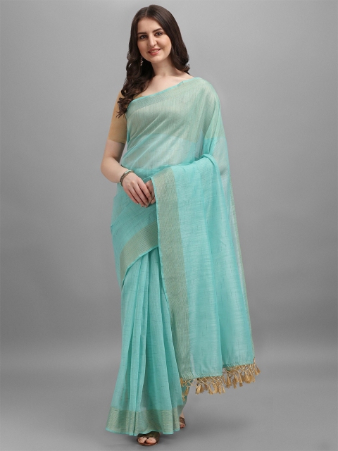 

TEREZA Turquoise Blue & Gold-Toned Striped Zari Khadi Saree