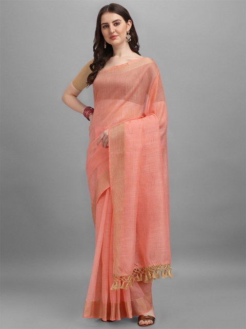 

TEREZA Pink & Gold-Toned Striped Zari Khadi Saree