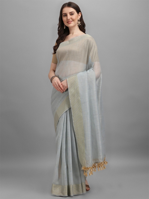 

TEREZA Grey & Gold-Toned Striped Khadi Saree