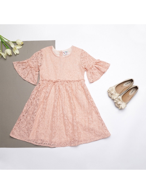 

ZION Girls Peach-Coloured Fit & Flare Lace Dress
