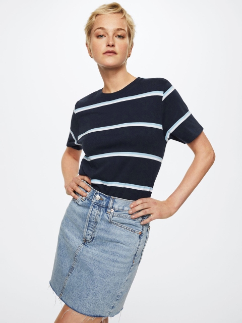 

MANGO Women Navy Blue & Off White Striped Pure Cotton T-shirt
