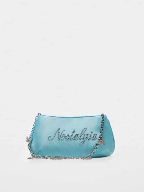 

MANGO Blue Embellished Structured Satin Finish Baguette Shoulder Bag