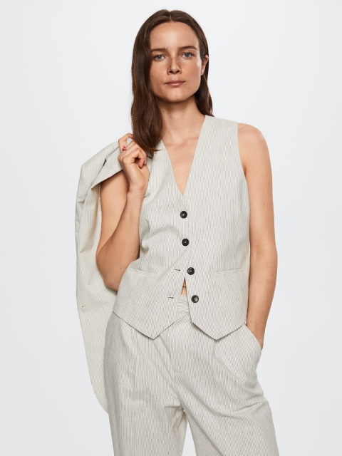 

MANGO Women Off-White & Black Pinstriped Waistcoat