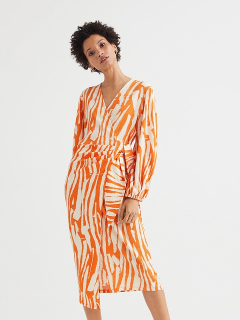 

H&M Women Orange & White Patterned Wrap Dress