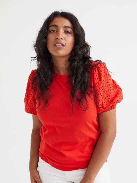 

H&M Women Red Puff Sleeves T-shirt