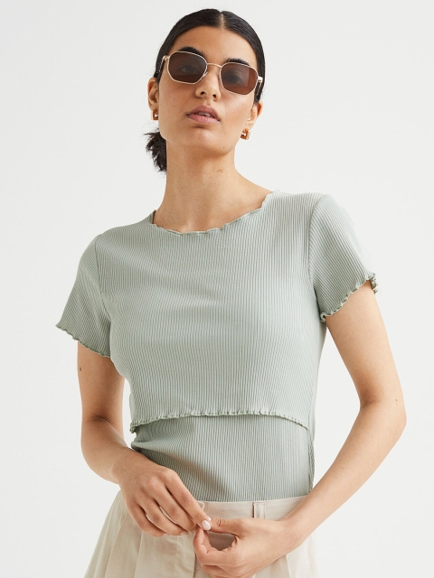 

H&M Women Green MAMA Ribbed Cotton Jersey Nursing Top