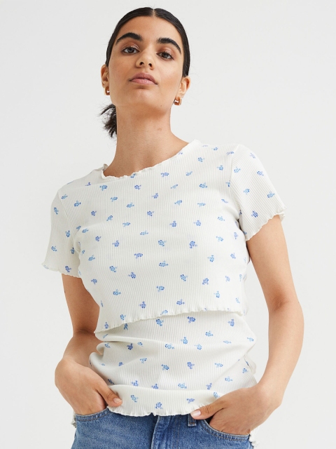 

H&M MAMA White Ribbed Cotton Jersey Nursing Top, Multi