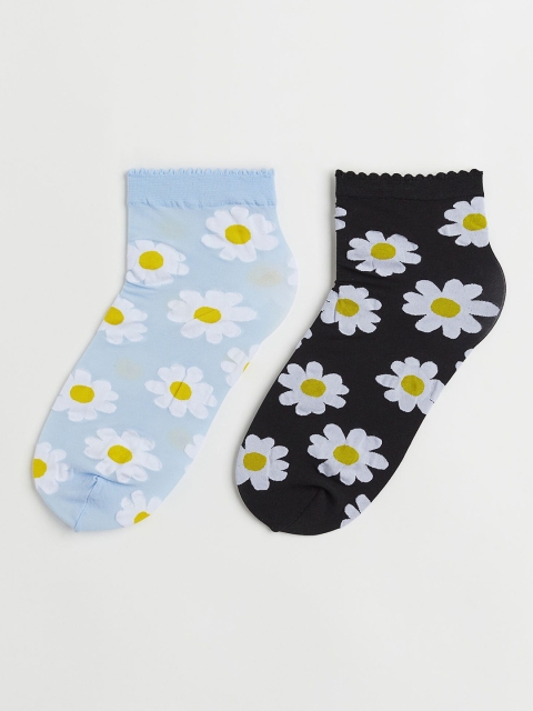 

H&M Women 2-pack Black & Turquoise Blue Patterned Ankle Length Airy Socks