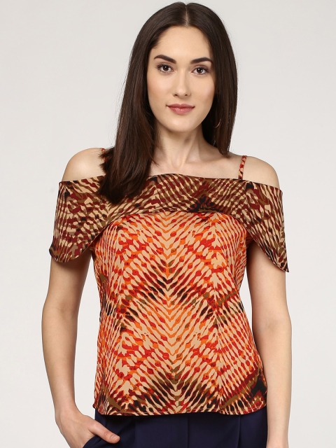 

SASSAFRAS Women Beige & Brown Printed Bardot Top