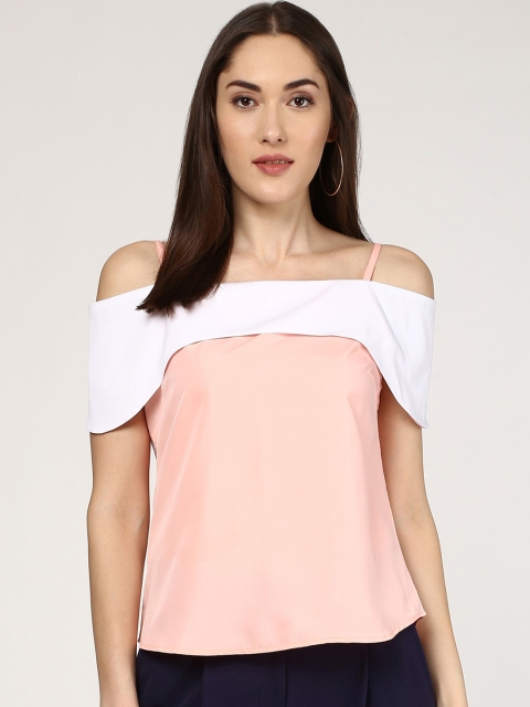 

SASSAFRAS Women Peach-Coloured & White Bardot Top