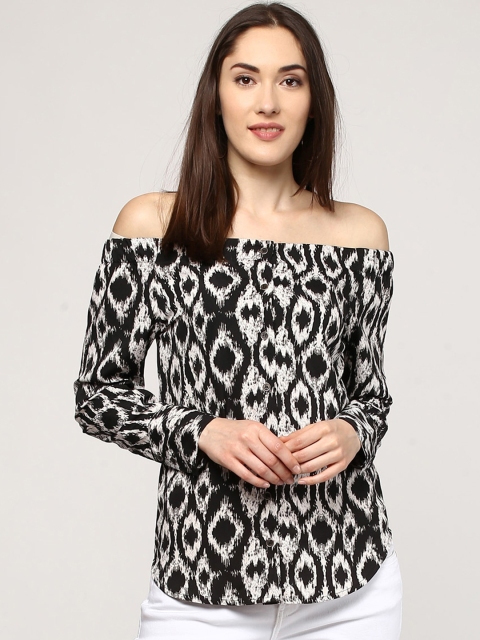 

SASSAFRAS Women Black Printed Bardot Top