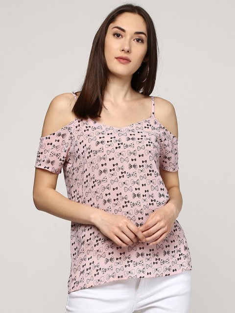 

SASSAFRAS Women Pink Printed Cold Shoulder Top