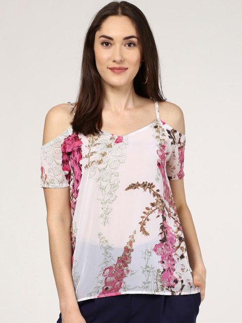 

SASSAFRAS Women White Printed Semi-Sheer Cold Shoulder Top