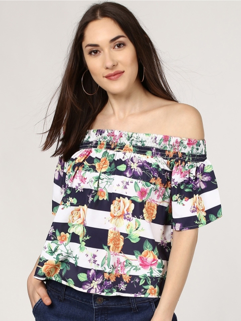 

SASSAFRAS Women White Floral Print Bardot Top