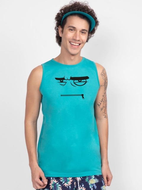 

Bewakoof Men Blue & Black Printed Cotton Basic Vest
