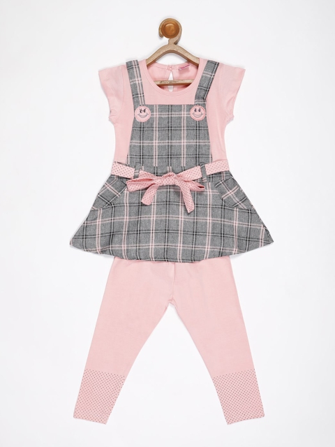 

V2 Value & Variety Girls Peach-Coloured & Grey Checked Top with Leggings