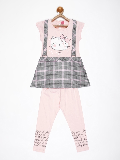 

V2 Value & Variety Girls Peach-Coloured & Grey Printed Top with Leggings