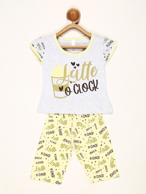 

V2 Value & Variety Girls Yellow & White Printed Cotton T-shirt with Pyjamas