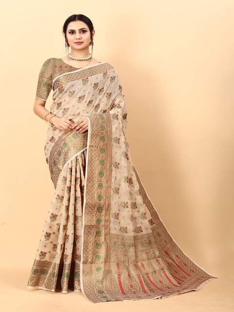 

Lookslady Off White & Gold-Toned Woven Design Zari Silk Cotton Kanjeevaram Saree
