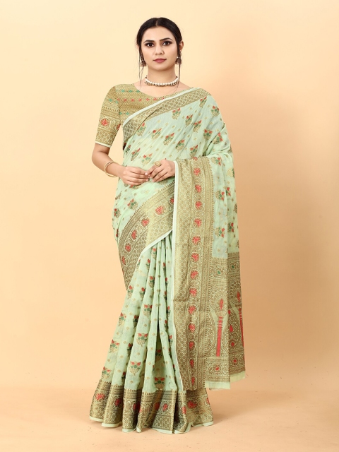 

Lookslady Olive Green & Red Ethnic Motifs Zari Silk Cotton Kanjeevaram Saree