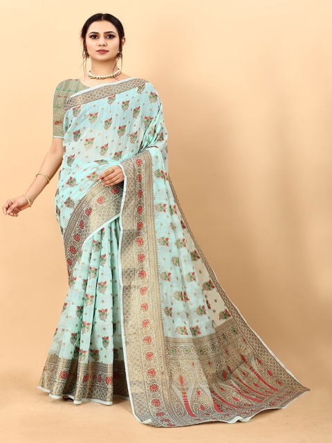 

Lookslady Turquoise Blue & Gold-Toned Woven Design Zari Silk Cotton Kanjeevaram Saree