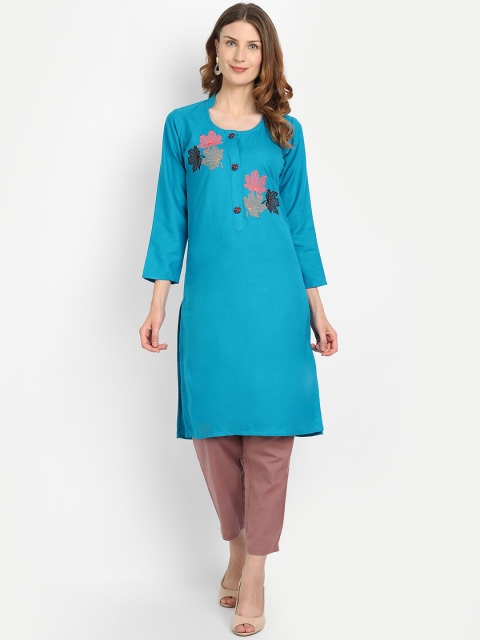 Alavya Women Turquoise Blue Floral Embroidered Thread Work Dobby Kurta