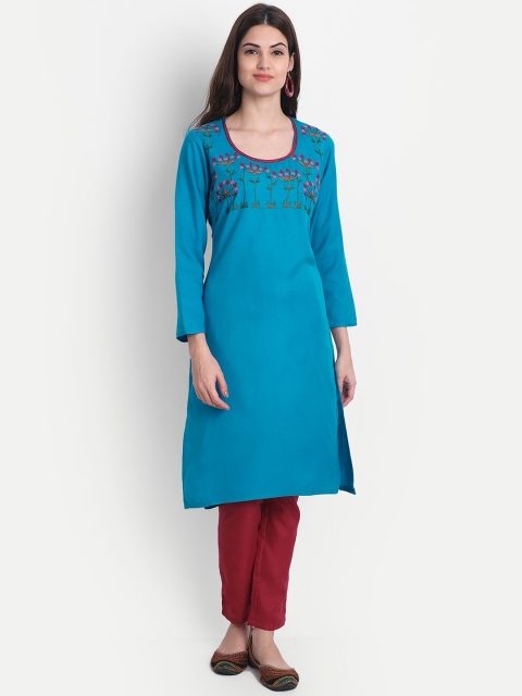 

Alavya Women Turquoise Blue Yoke Design Thread Work Dobby Kurta