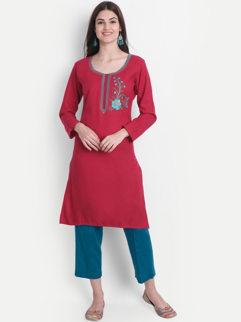 

Alavya Women Red Embroidered Thread Work Dobby Kurta