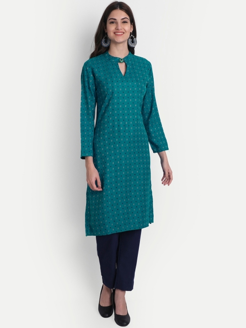 

Alavya Women Green Keyhole Neck Dobby Kurta