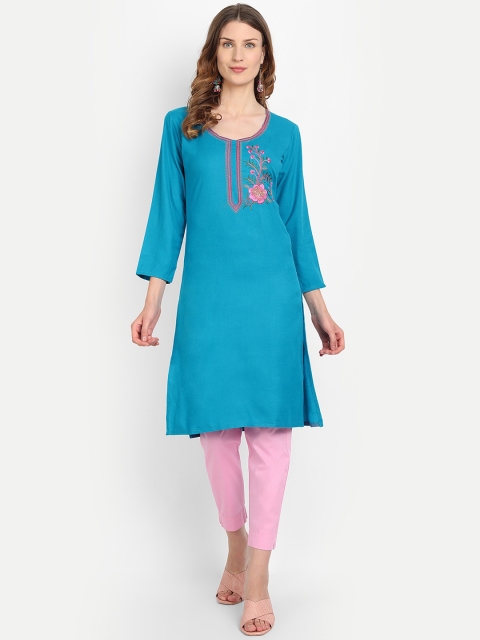 

Alavya Women Turquoise Blue Cold-Shoulder Sleeves Dobby Kurta