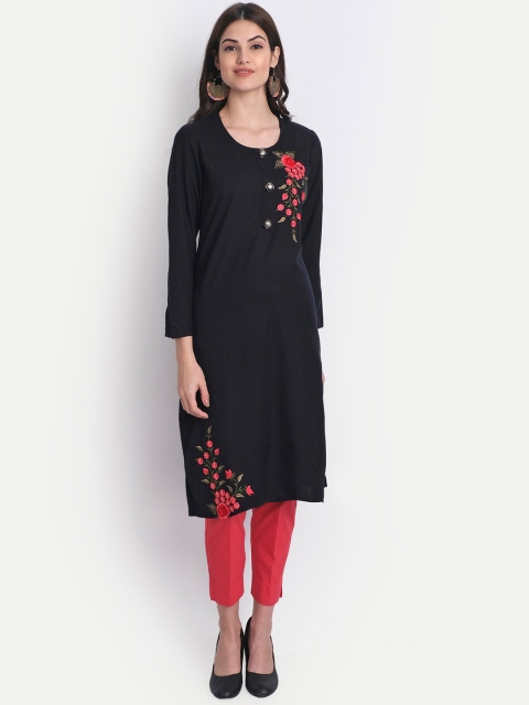 

Alavya Women Black Floral Embroidered Flared Sleeves Thread Work Dobby Kurta