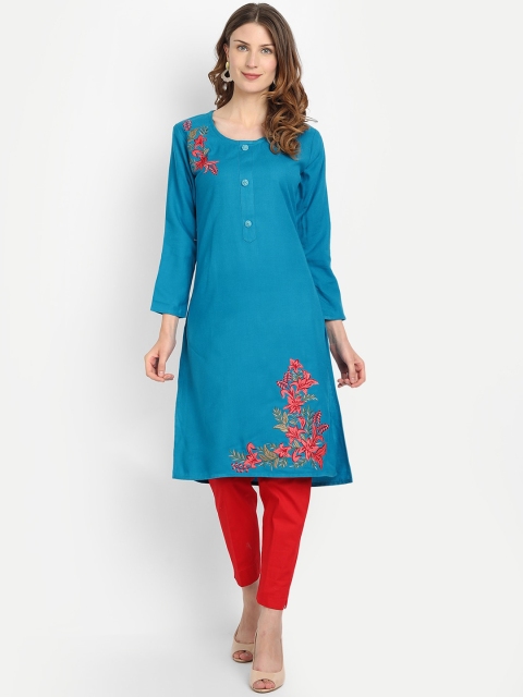 

Alavya Women Turquoise Blue Floral Printed Dobby Kurta