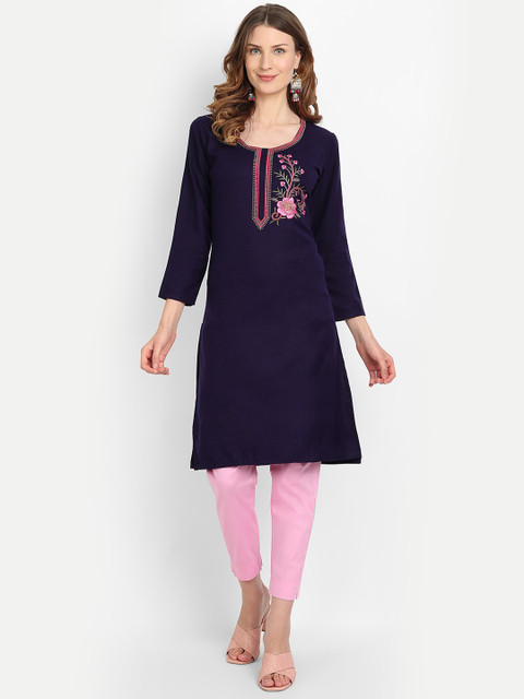 

Alavya Women Navy Blue Cold-Shoulder Sleeves Thread Work Dobby Kurta
