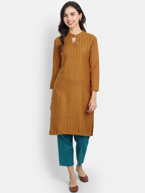 

Alavya Women Yellow Ethnic Motifs Keyhole Neck Dobby Kurta