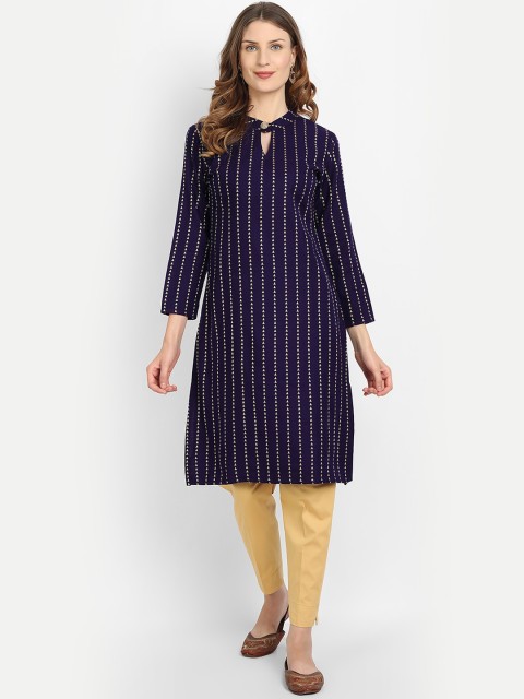 

Alavya Women Navy Blue Keyhole Neck Woolen Winter Acrylic Dobby Kurta