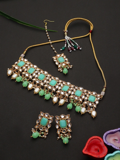 

STEORRA JEWELS Gold-Plated Green Stone & Kundan Studded Jewellery Set
