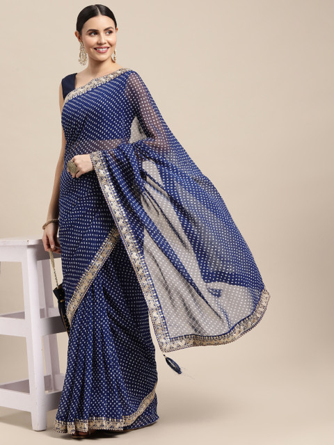 

VASTRANAND Navy Blue & White Polka-Dot Bandhani Saree