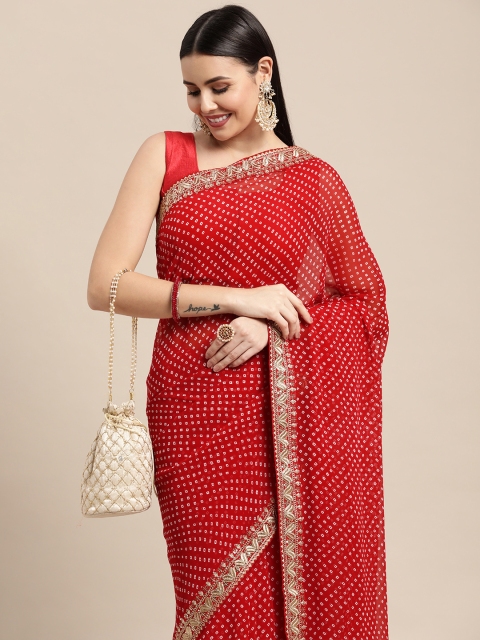 

VASTRANAND Red Bandhani Printed Sequined Embroidered Saree with Blouse