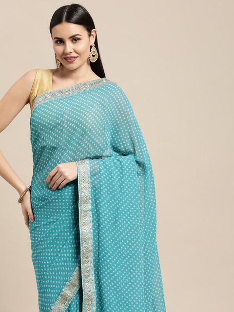 

VASTRANAND Turquoise Blue Bandhani Printed Sequinned Saree with Blouse