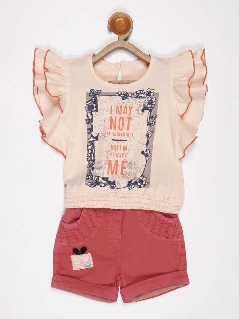 

V2 Value & Variety Girls Peach-Coloured & Brown Printed Top with Shorts
