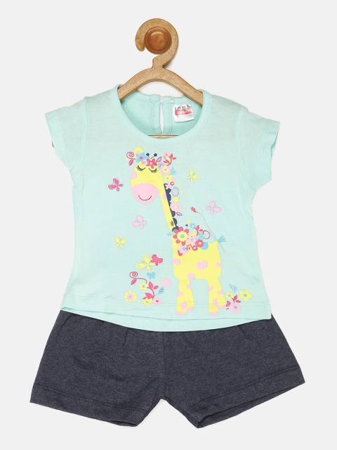 

V2 Value & Variety Girls Sea Green & Navy Blue Printed Cotton T-shirt with Shorts