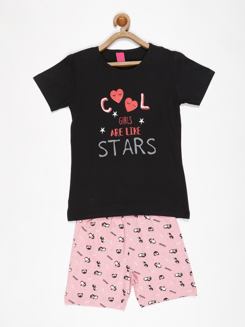 

V2 Value & Variety Girls Black & Pink Printed Pure Cotton T-shirt with Shorts